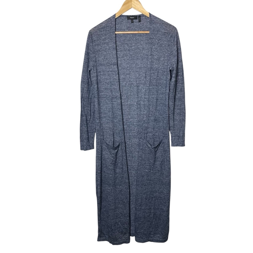 Theory Torina Wool Linen Long Open Front Cardigan Blue Knit Medium - Picture 2 of 9